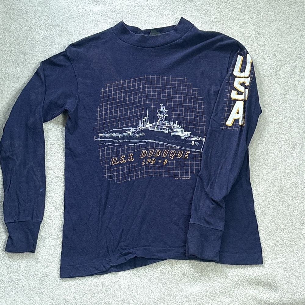 Vintage 1985 USS Dubuque USA Sleeve Size Small Navy Anvil Cotton